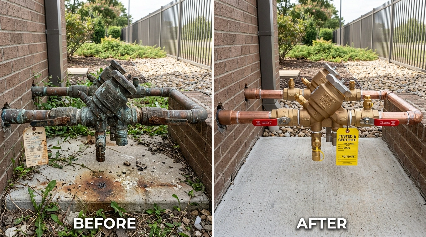Before and after backflow preventer repair and replacement on a Miami FL commercial property showing corroded assembly replaced with new code-compliant unit