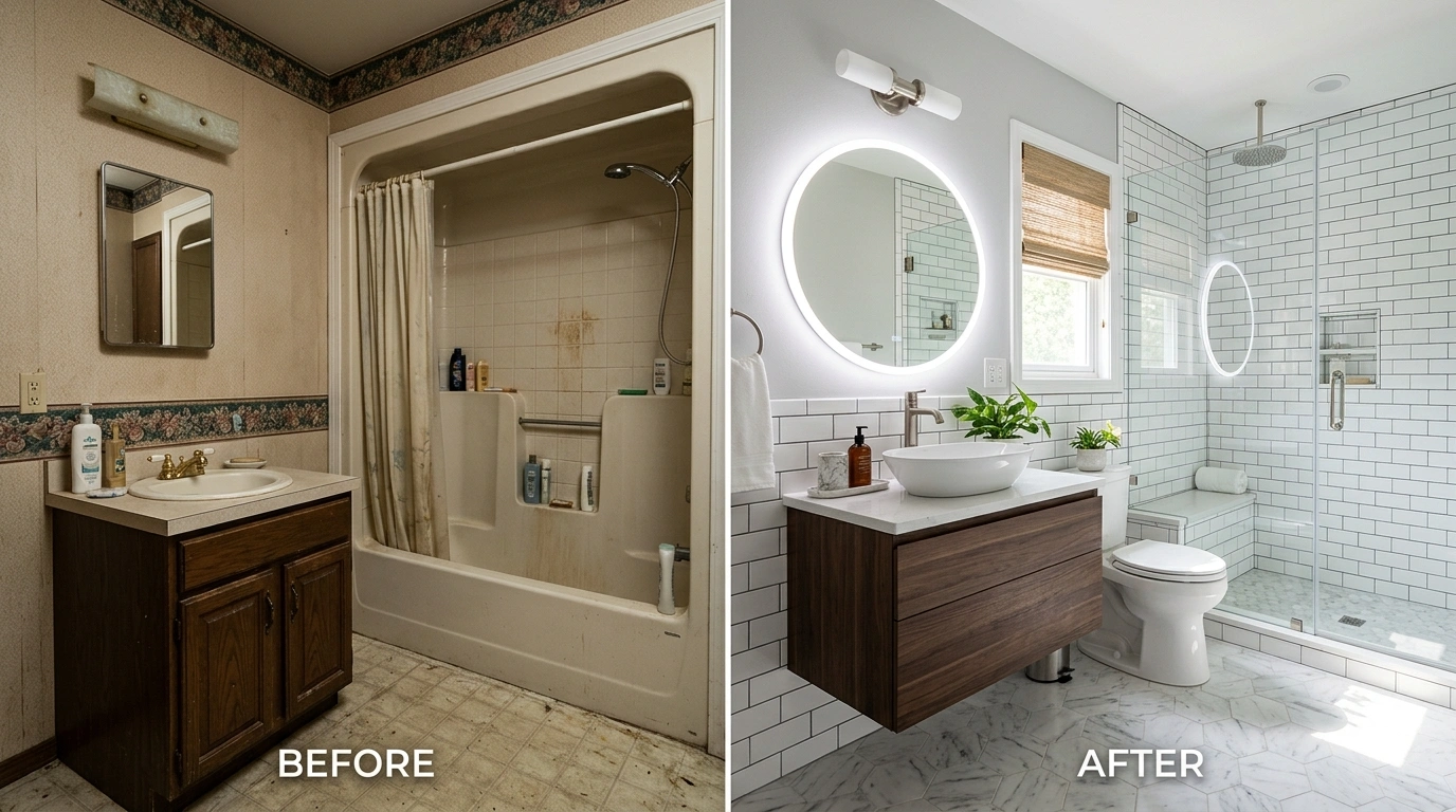 Before and After Bathroom Remodeling in Miami FL by Wyn Miami Plumbing — showing outdated bathroom transformed into modern spa-quality space