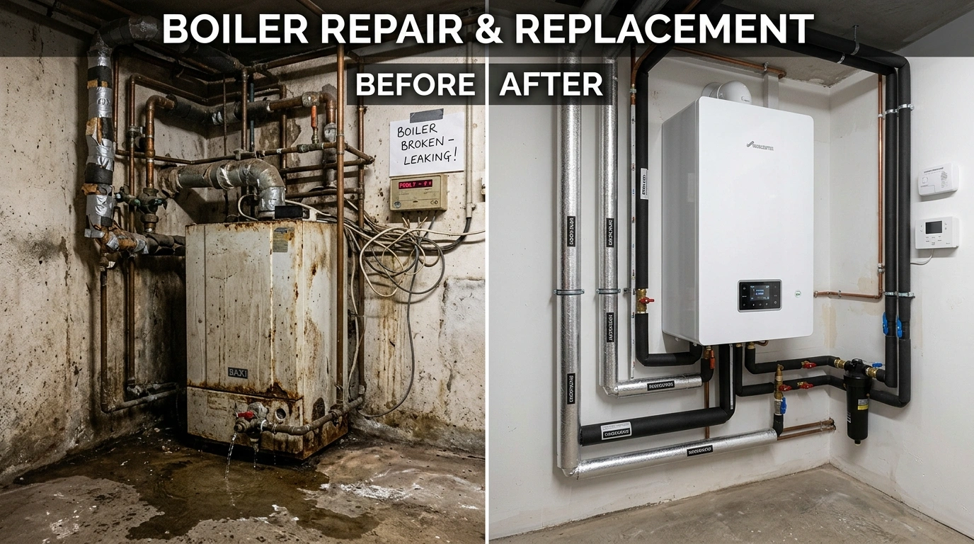 Before and After Boiler Repair and Replacement by Wyn Miami Plumbing in Miami FL — showing corroded old boiler replaced with new high-efficiency condensing boiler system