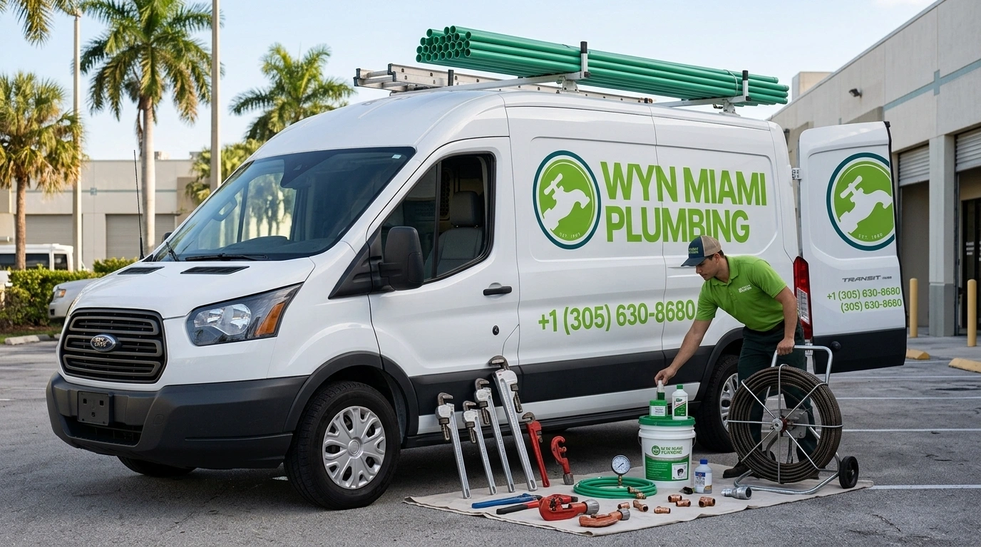 Comprehensive plumbing equipment inside service van Miami FL