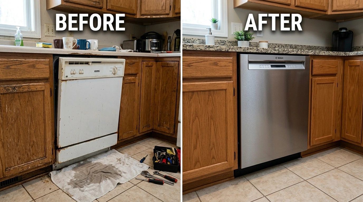 Before and after dishwasher repair and replacement plumbing project in a Miami FL kitchen — corroded supply lines replaced with new code-compliant connections by Wyn Miami Plumbing