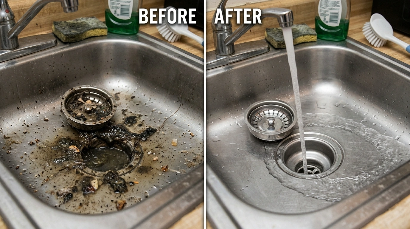 Before and after professional drain cleaning service — clogged pipe restored to full flow capacity by Wyn Miami Plumbing, Miami FL