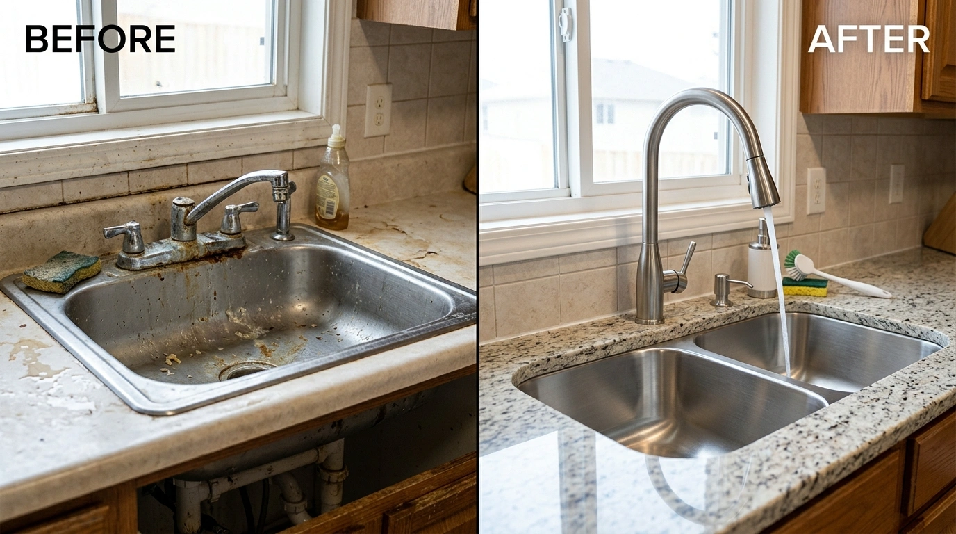 Before and After Faucet and Sink Repair Replacement in Miami FL by Wyn Miami Plumbing — showing corroded faucet replaced with new brushed nickel fixture