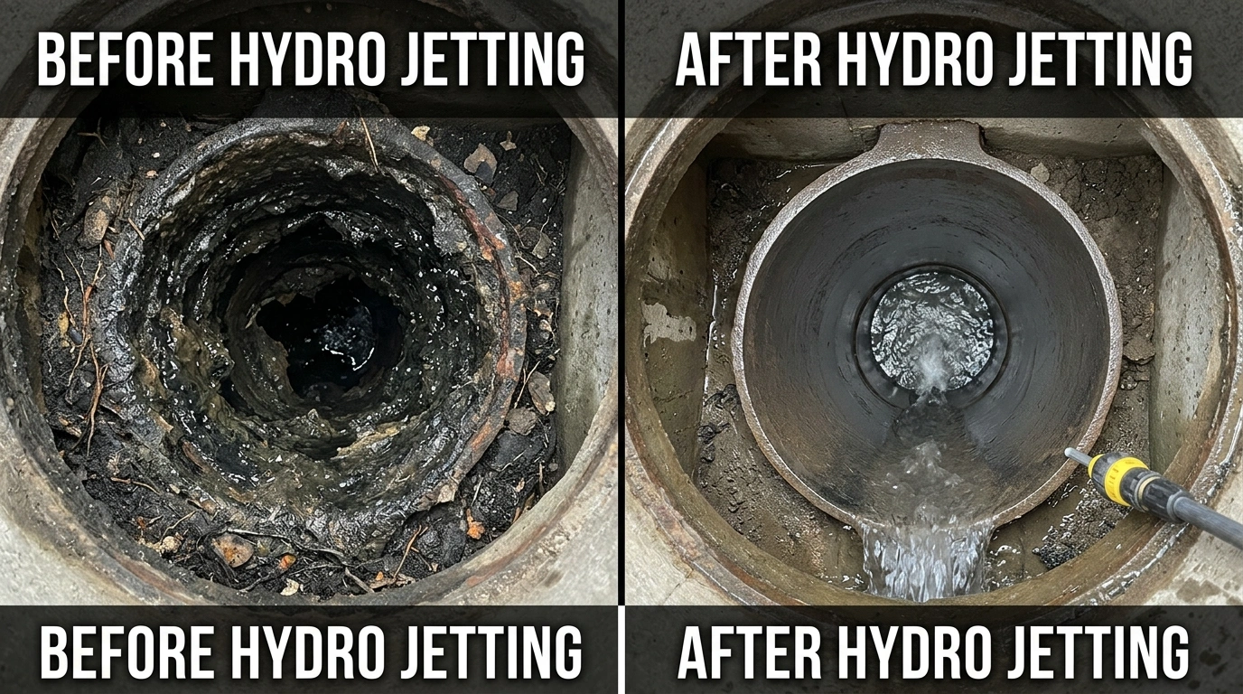 Before and after hydro jetting service on a Miami FL drain line showing grease-coated pipe restored to full flow capacity