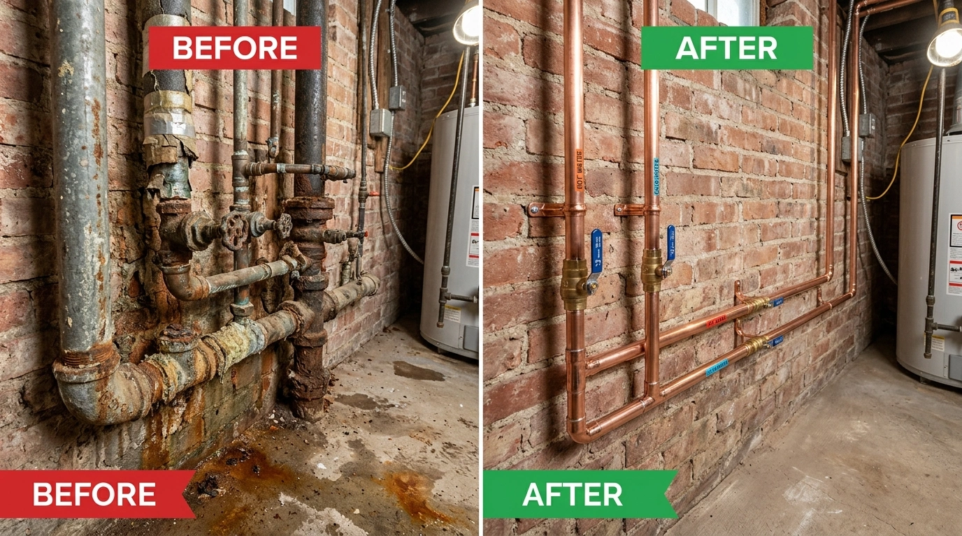 Before and after pipe repiping repair and replacement on a Miami FL home showing corroded galvanized pipes replaced with new PEX supply system