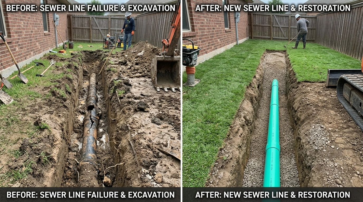 Before and after sewer line repair and replacement project in Miami FL — root-infiltrated clay tile lateral restored with CIPP lining by Wyn Miami Plumbing