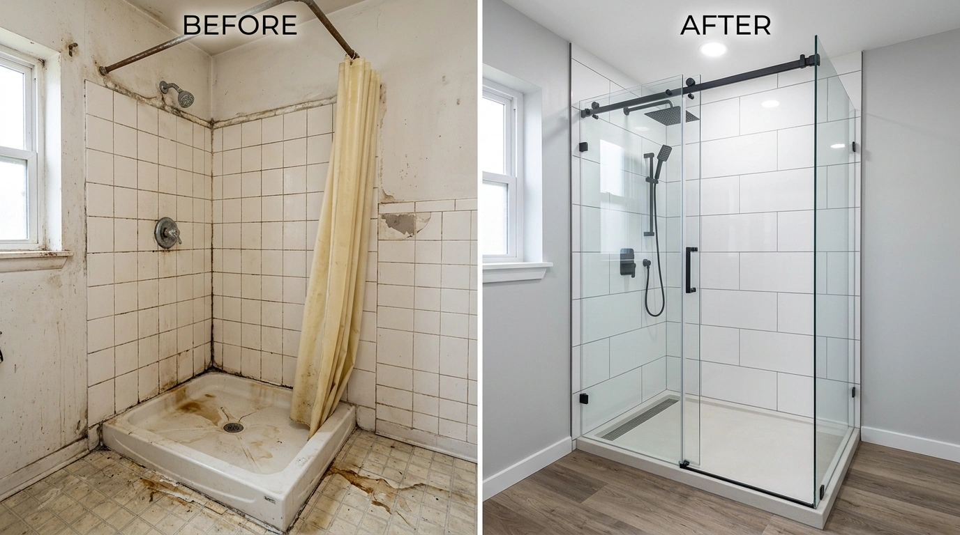 Before and after professional shower repair and replacement — water-damaged shower restored with full waterproofing by Wyn Miami Plumbing, Miami FL