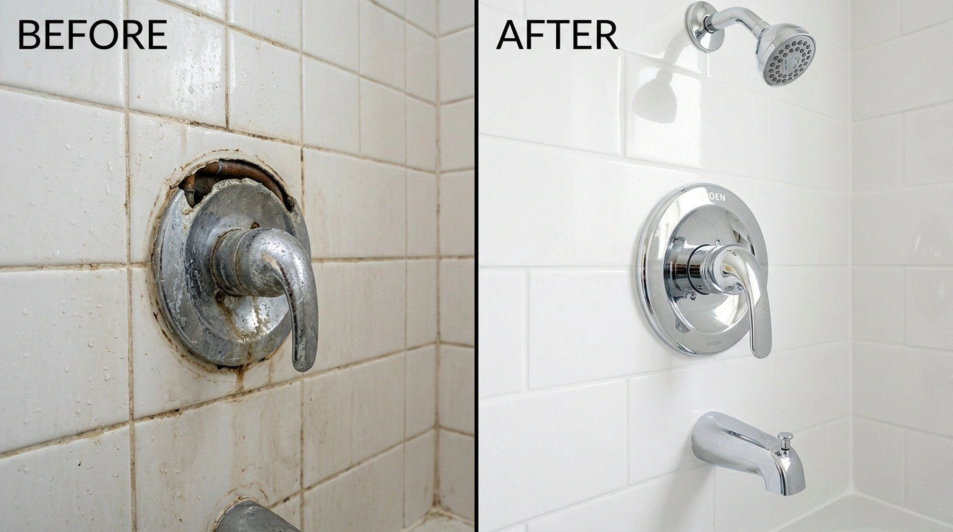 Before and after shower valve repair and replacement in a Miami FL bathroom — mineral-seized cartridge replaced with new OEM-compatible cartridge by Wyn Miami Plumbing