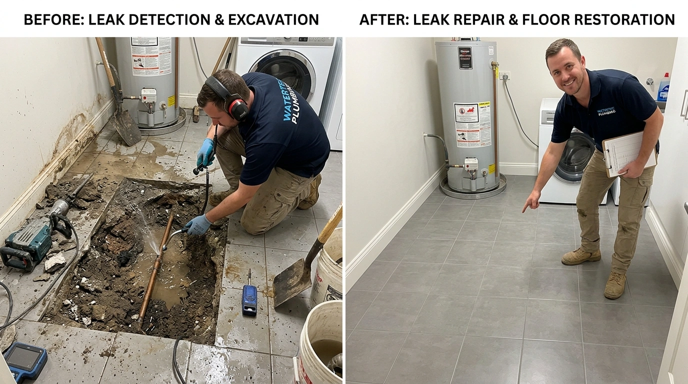 Before and After Slab Leak Detection and Repair by Wyn Miami Plumbing in Miami FL — showing detected leak location marked on floor and completed precision repair with minimal concrete damage