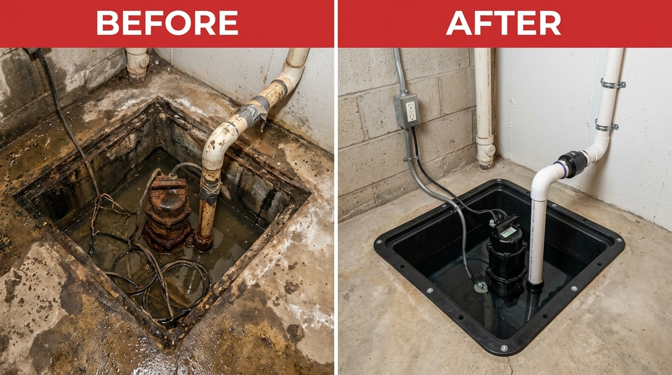 Before and after sump pump repair and replacement project completed in Miami FL by Wyn Miami Plumbing — failed pump replaced with code-compliant flood protection system