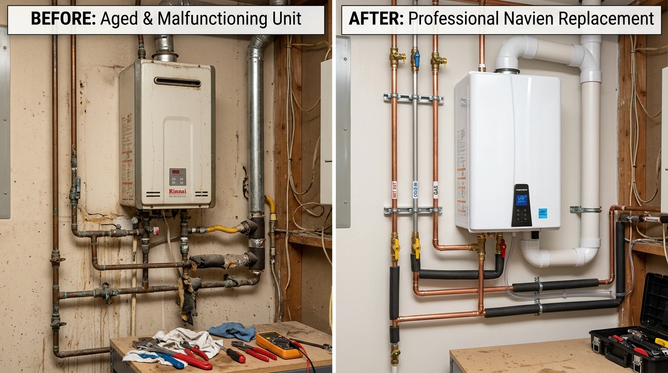 Before and after tankless water heater replacement on a Miami FL property showing old scale-damaged unit replaced with new condensing system