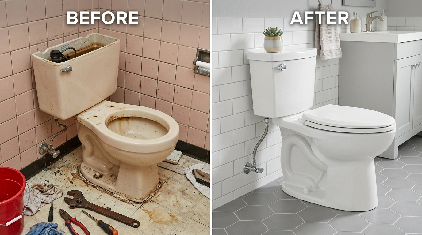 Before and after toilet repair and replacement in Miami FL — running toilet resolved and high-efficiency toilet installed by Wyn Miami Plumbing