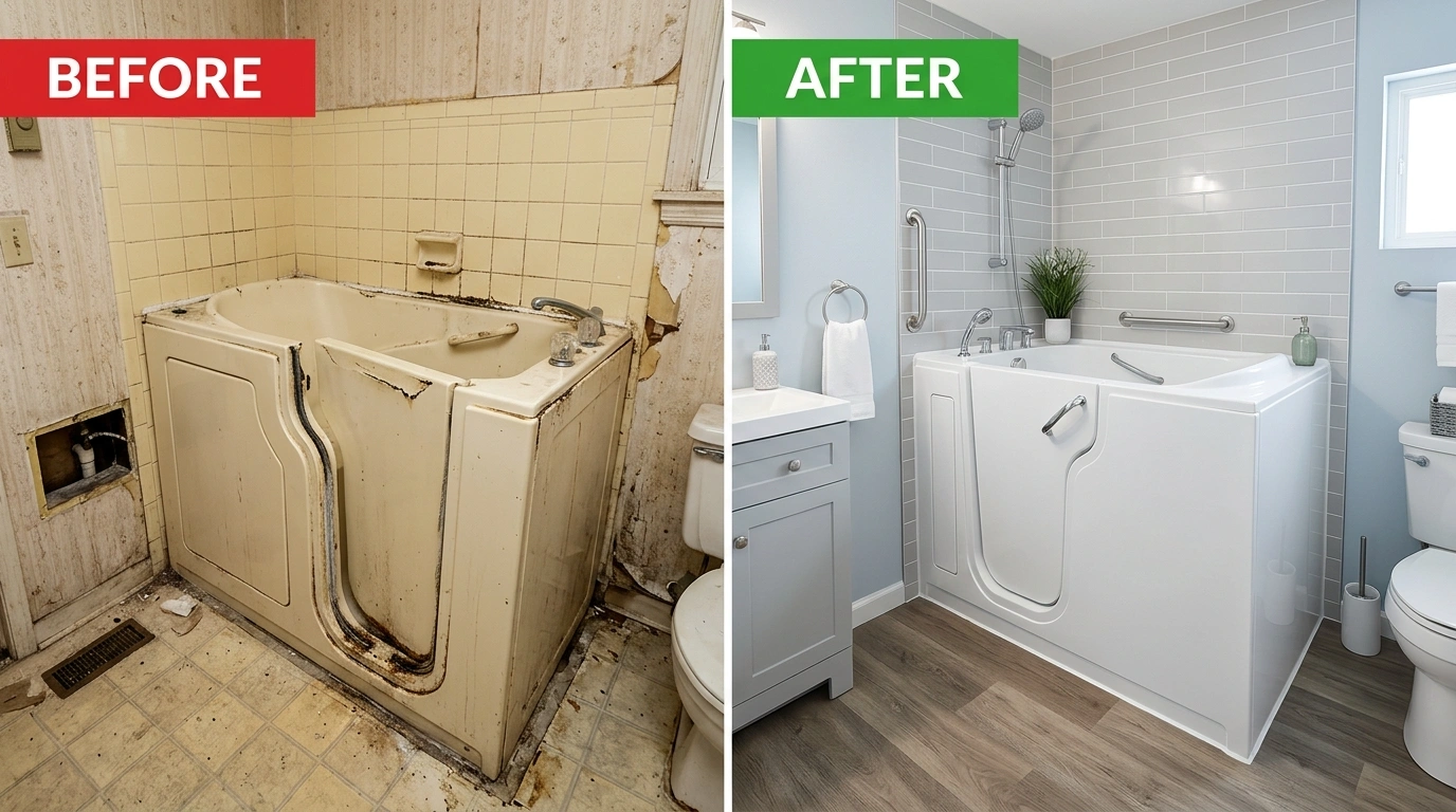 Before and after professional walk-in tub replacement in Miami FL — safe accessible bathing restored by Wyn Miami Plumbing