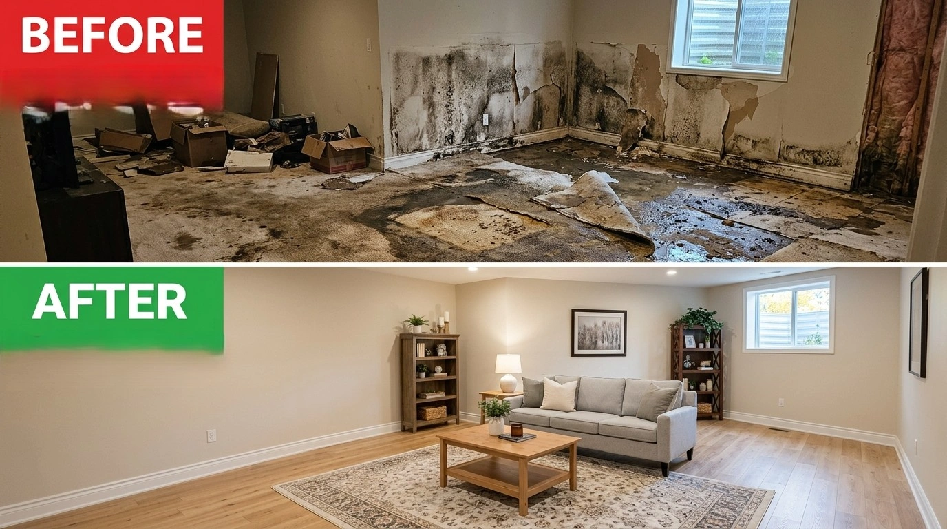 Before and after water damage restoration in Miami FL — flooded property restored by Wyn Miami Plumbing