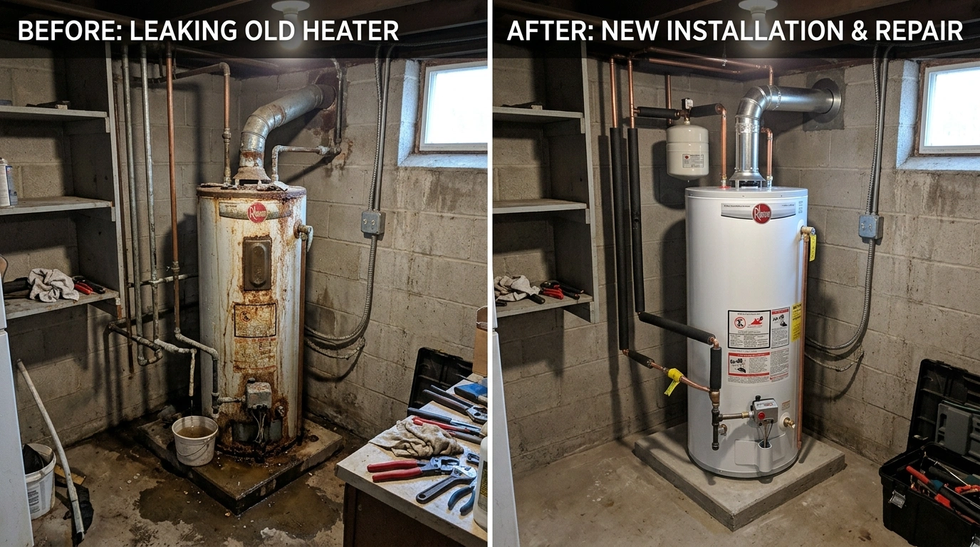 Before and after water heater repair and replacement project in Miami FL by Wyn Miami Plumbing
