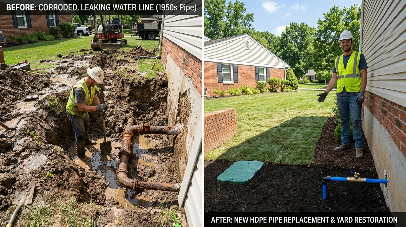Before and after water line replacement on a Miami FL property showing corroded pipe replaced with new HDPE service line
