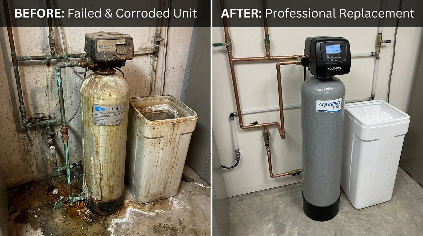 Before and after water softener replacement in Miami FL — scale-damaged fixtures restored to clean operation by Wyn Miami Plumbing